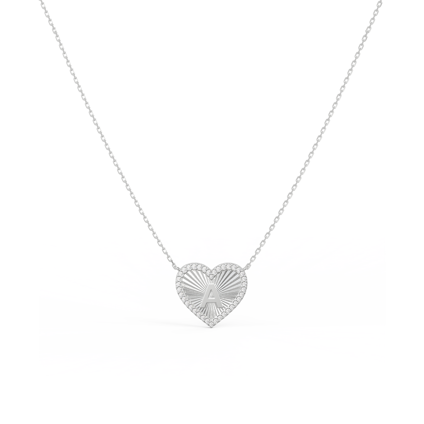 Personalized Initial Necklace - Sterling Silver Heart Pendant, Rhodium Plated, CZ Stones, Engravable Gift