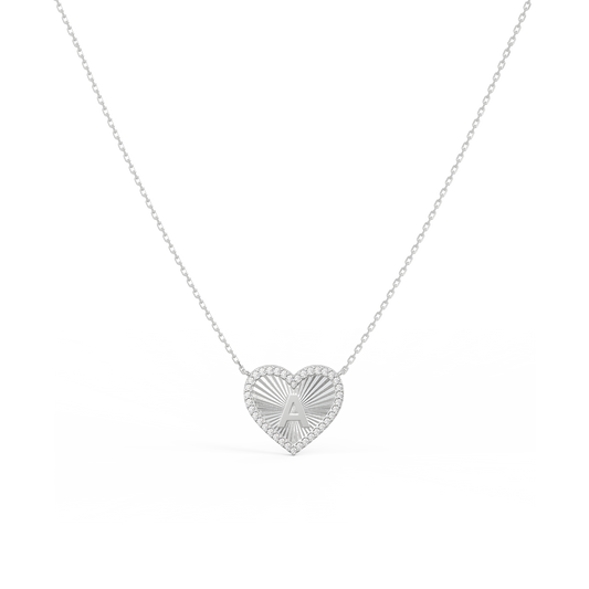 Personalized Initial Necklace - Sterling Silver Heart Pendant, Rhodium Plated, CZ Stones, Engravable Gift