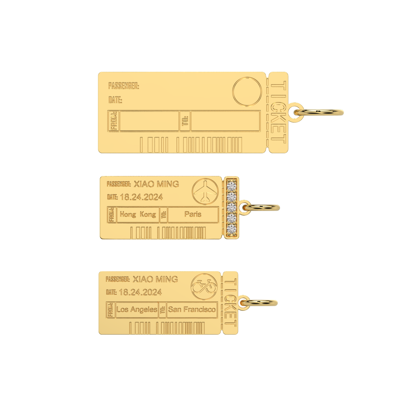 Custom Engraved Boarding Pass Necklace - 925 Sterling Silver, Gold/Rhodium Plated, CZ Stones, Personalized Travel Jewelry Gift