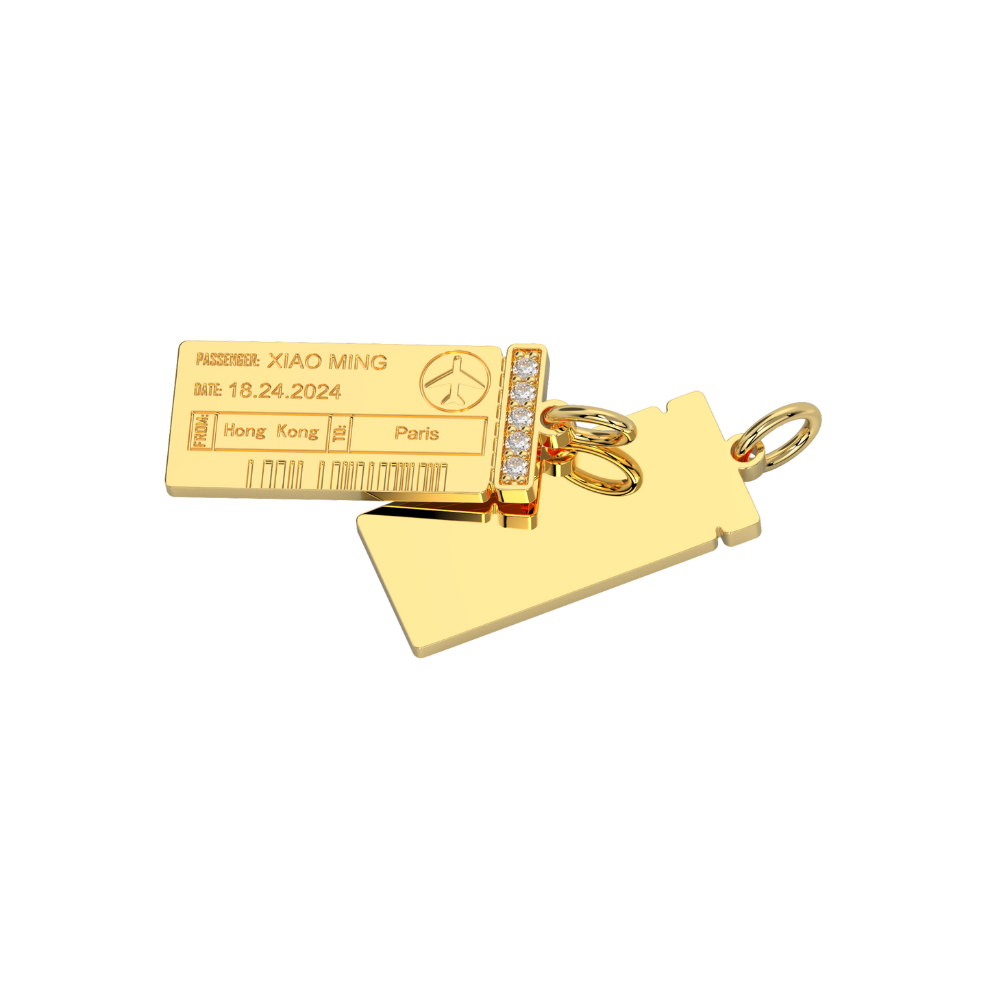 Custom Engraved Boarding Pass Necklace - 925 Sterling Silver, Gold/Rhodium Plated, CZ Stones, Personalized Travel Jewelry Gift